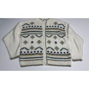 Vintage Grandma Knit Cardigan‎ Sweater Women's Medium White Geometric 90s